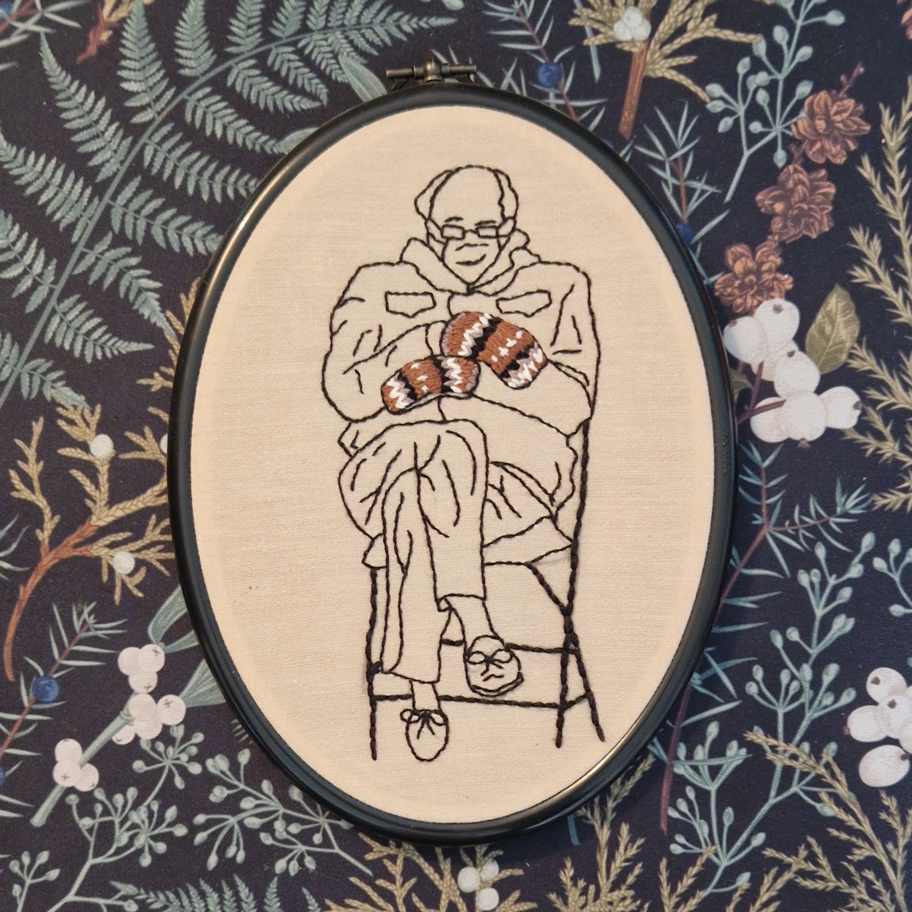 Embroidery of Bernie inauguration meme