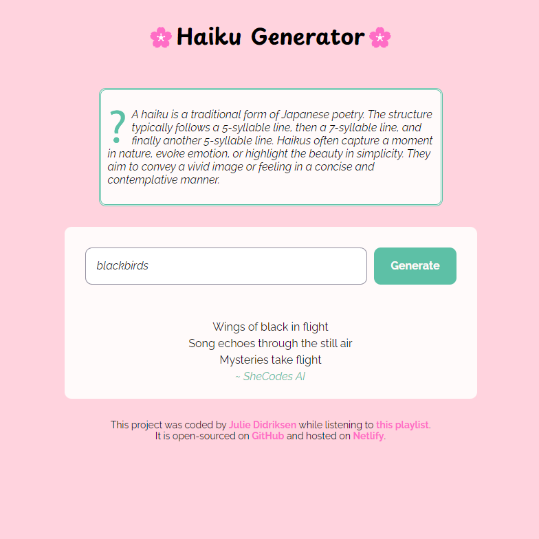 screenshot of an AI haiku generator