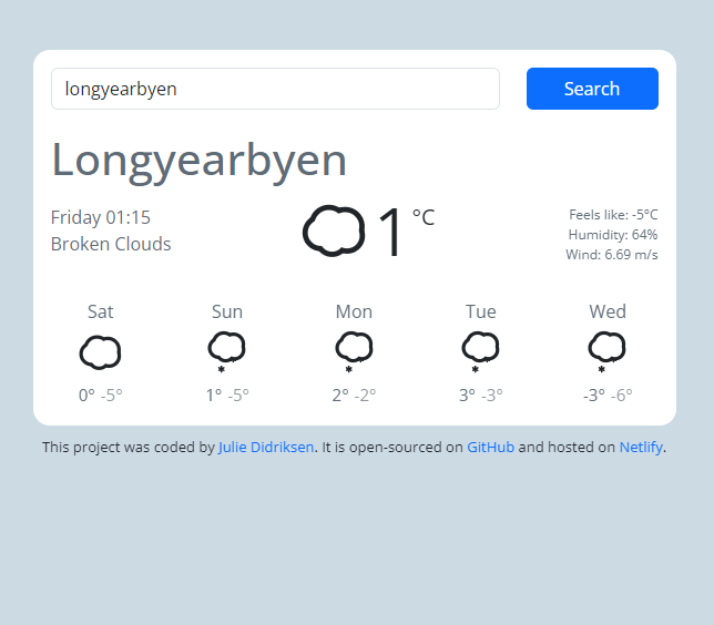 screenshot of a weather app, made with React