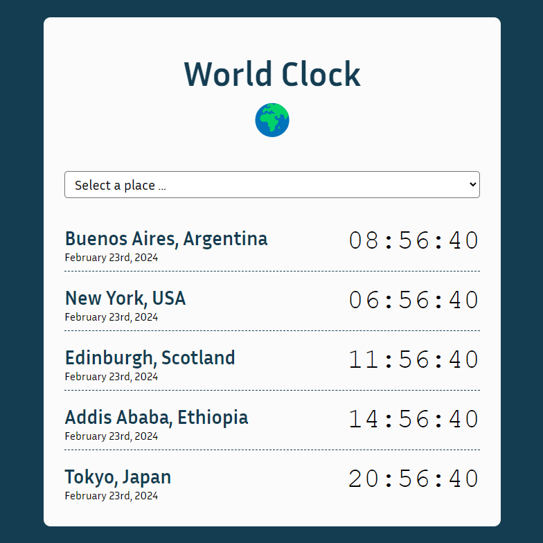 screenshot of a world clock coded using html, css and javascript. Showcased cities are: Buenos Aires, New York, Edinburgh, Addis Ababa, Tokyo